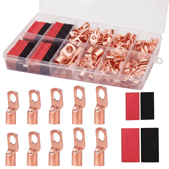 Hemivara 160Pcs Copper Wire Lugs Kit with Heat Shrink Tubing, Ring Terminal Connectors, 10 Assorted Sizes for 2/4/6/8/10/12 AWG Cables