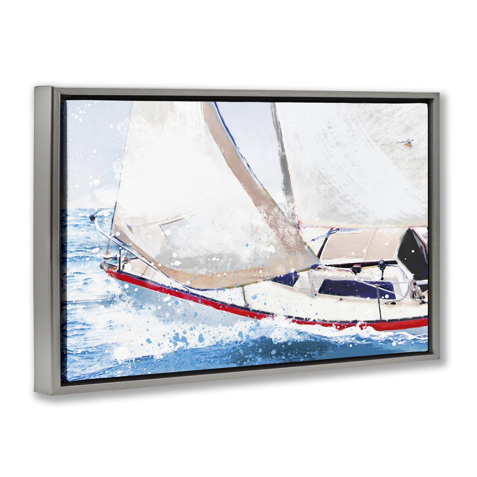 Stupell Industries Sailboat Racing Through Blue Waves Gray Framed Floater Canvas Wall Art, design by Porter Hastings