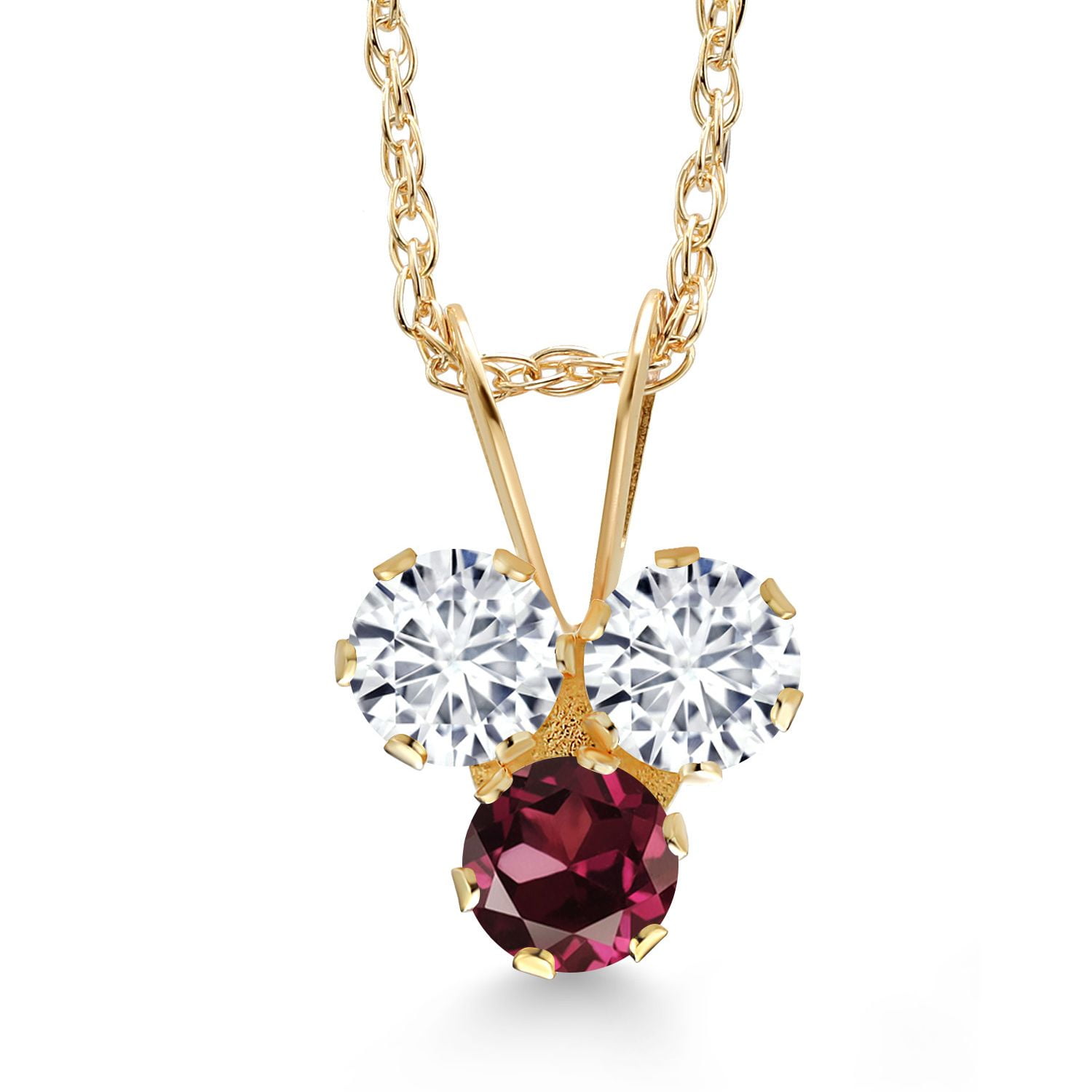 Gem Stone King 14K Yellow Gold White Lab Grown Diamond and Red Rhodolite Garnet 3-Stone Pendant Necklace for Women (0.32 Cttw, Gemstone April Birthstone, Round 3MM, 18 inch Chain)