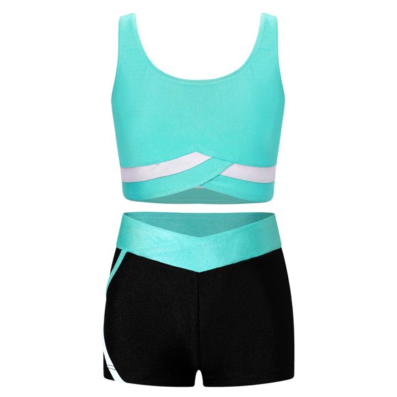 Alvivi Kids Girls 2 Piece Dance Sports Outfits Crop Top with Booty Shorts Set for Gymnastics Dancing Swimming Cyan 10
