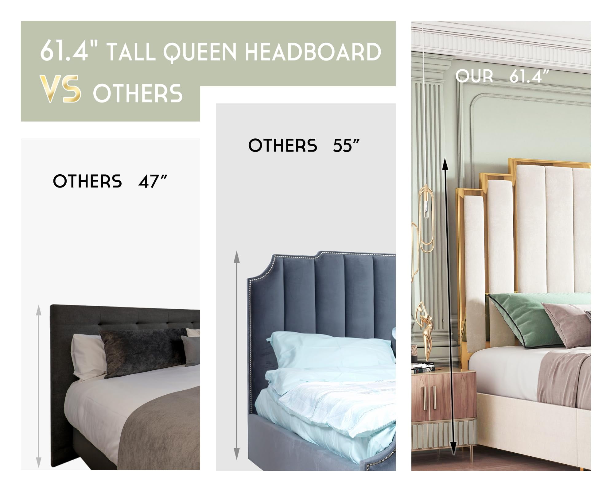 VanAcc Queen Size Bed Frame and 61" Headboard, Upholstered Bed with Golden Plating Trim, Cream
