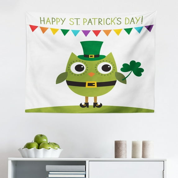 St. Patrick's Day Tapestry, Greetings with Wooden Blocks and Paper Shamrocks on Rustic Planks Image, Fabric Wall Hanging Decor for Bedroom Living Room Dorm, 2 Sizes, Umber Beige, by Ambesonne