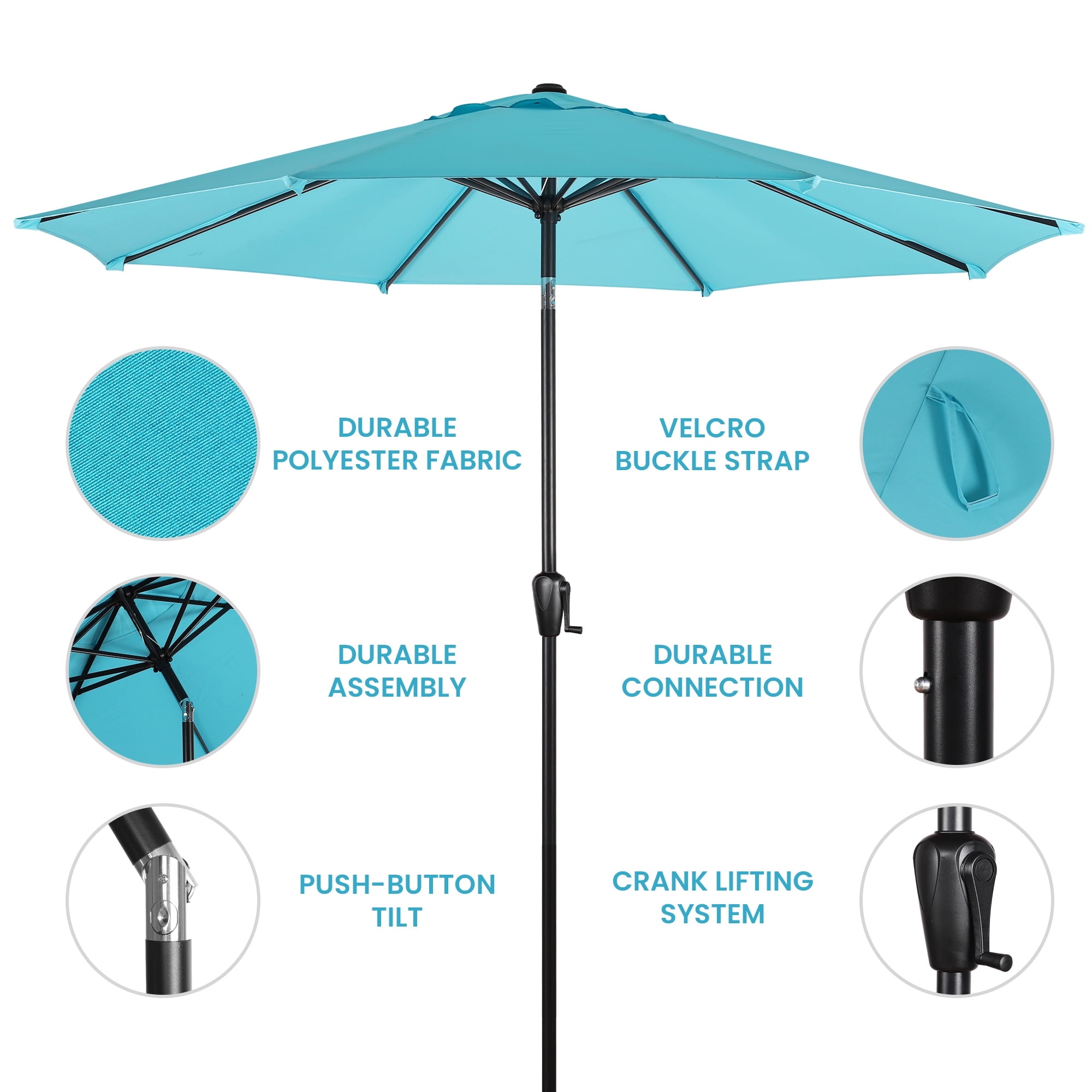 Sun-Ray 9 FT Patio Umbrella w/ Push Button Tilt and Crank Outdoor Umbrella, 8 Sturdy Ribs, UV Protection, Solution-Dyed Fabric, Aqua
