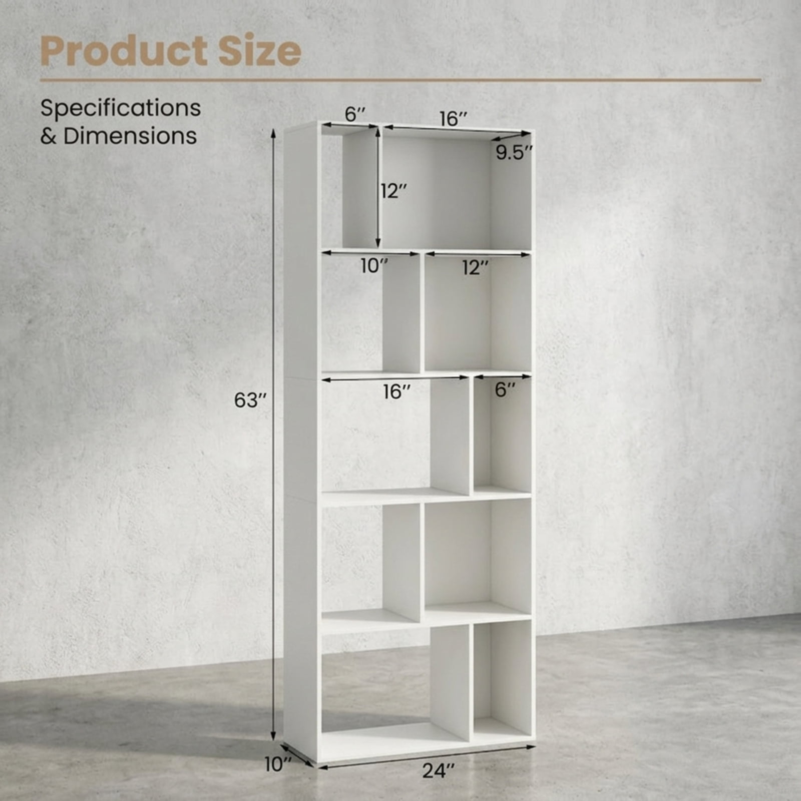 Furnibear 63 Inch 5-Tier Geometric 10-Cube Bookshelf Tall Bookcase for Living Room Home Office Bedroom Display Storage Shelf, White
