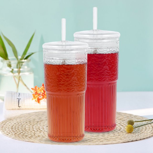 2Pcs Glass Cup with Lid and Straw Transparent Iced Coffee Cups 600 ML Drinking Glasses