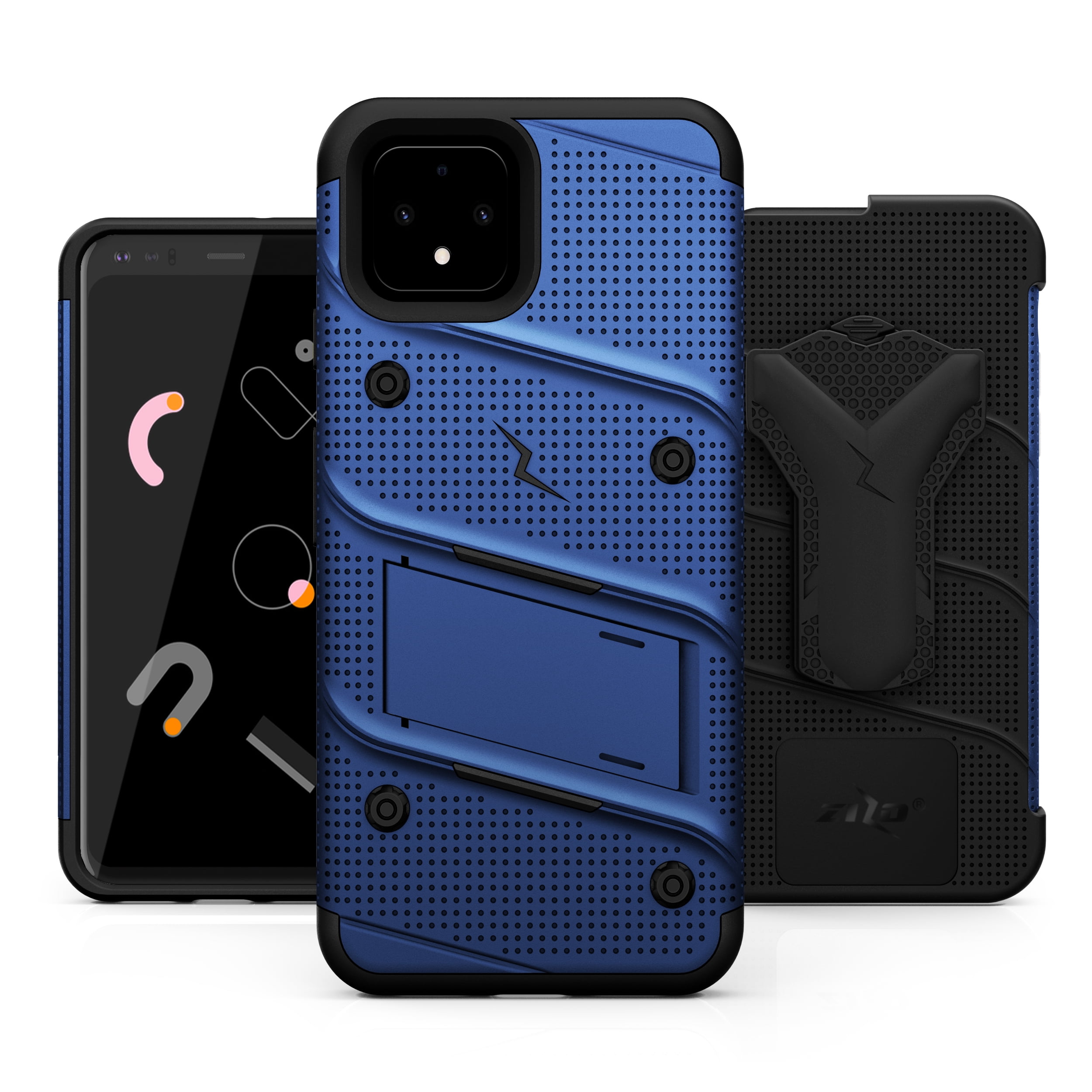 ZIZO BOLT Series Google Pixel 4 XL Case | Heavy-duty Military-grade Drop Protection w/ Kickstand Included Belt Clip Holster Tempered Glass Lanyard (Blue/Black)