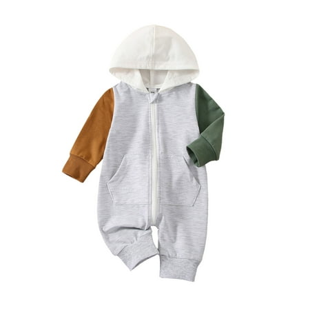 

One opening Baby Boys Girl Romper Long Sleeve Hooded Neck Patch Color Zipper Pockets Loose Romper