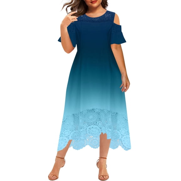 DeHolifer Dresses for Women Plus Size Crewneck Cold Shoulder Short Sleeve Gradient Color Lace Patchwork Casual Sundress Blue 5XL