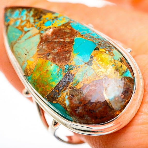 Blue Copper Composite Turquoise Ring Size 10.25 (925 Sterling Silver) - Handmade Boho Vintage Jewelry RING133107