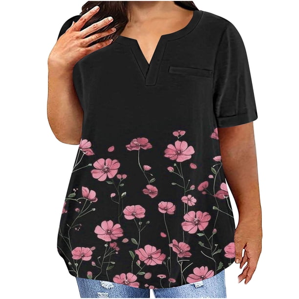Camisetas Casuales de las Mujeres Largo Casual Impreso Cuello Redondo Suelto Top, Camiseta de Verano de Manga Corta