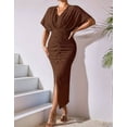 thumbnail image 6 of Womens Metallic Faux Wrap Cocktail Dress Solid Color V-Neck Pleated High Slit Short Sleeve Midi Dress Coffee Color L, 6 of 7