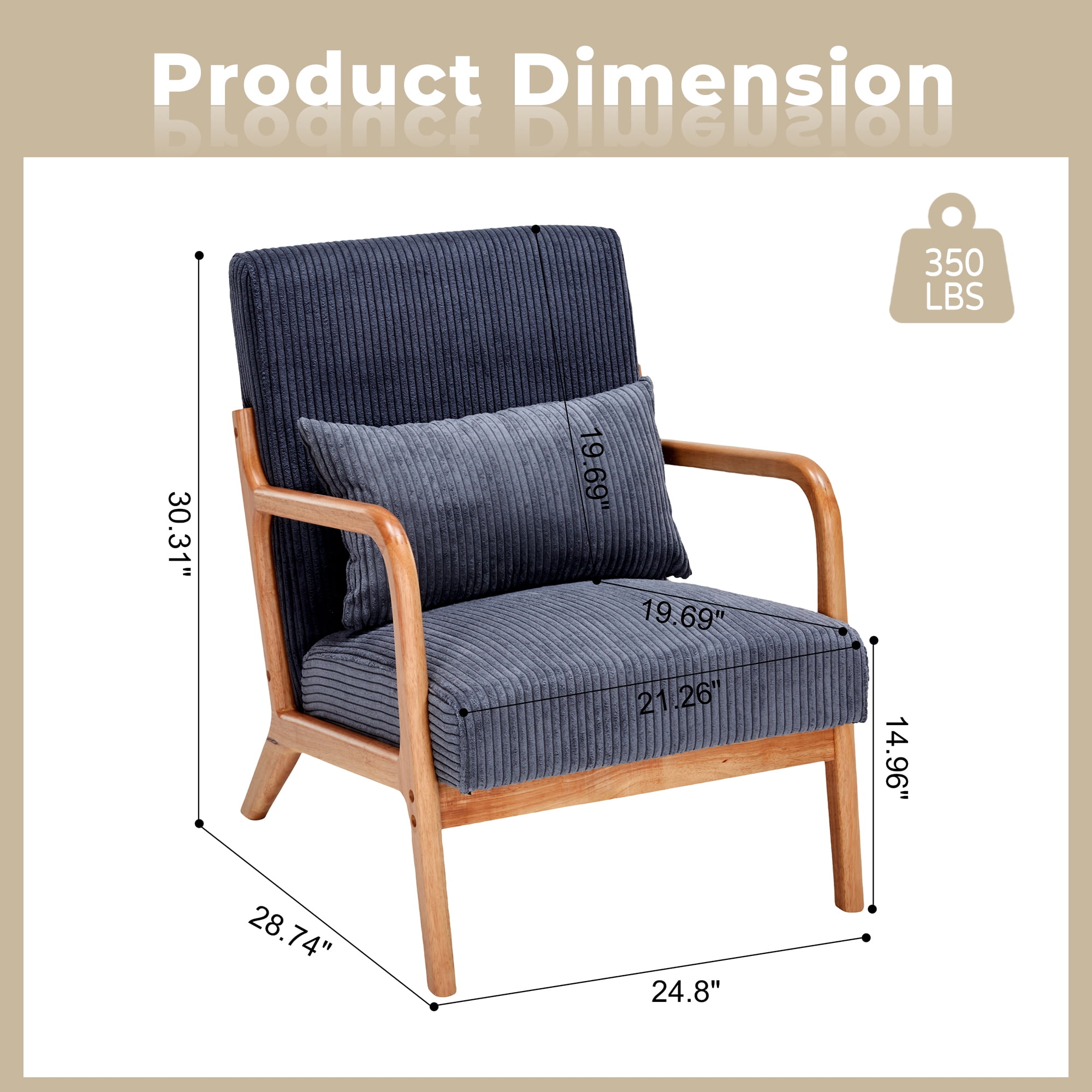 MOONMISS Corduroy Upholstered Mid-Century Modern Wood Frame Single Armchair-Dark Gray