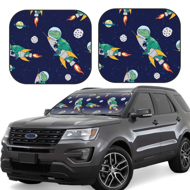 Fotbe Astronaut Dinosaur and Space 2-Piece Car Windshield Sun Shade | Sun Blocker for Car Windshield | Foldable Automotive Interior Accessories for Sun Protection-Large