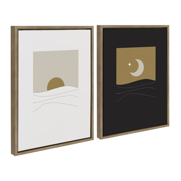 Kate and Laurel Sylvie Modern Sunrise and Sunset Over the Ocean Framed Canvas Wall Art Set by The Creative Bunch Studio, 2 piece 18x24 Gold, Minimal Neutral Landscape Art for Wall