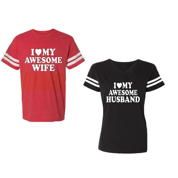 I love My Awesome Husband wife Unisex Couple Matching Cotton Jersey style T-Shirt Contrasting stripes on sleeves (Men Red / Women Black) (Men S / Women S)
