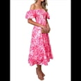 thumbnail image 3 of Vestido Midi Informal de Verano para Mujer, de Corta, Abullonado, con Cuello Cuadrado y Volantes Escalonados Flores Rosas M, 3 of 7