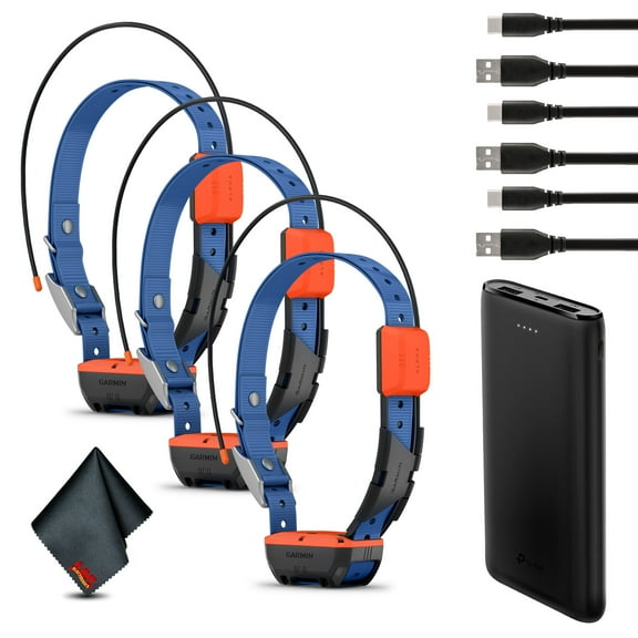 Garmin Alpha T 20 GPS Dog Tracking Collar, Location Tracker Collar with Multicolor Led Beacon Lights and Universal Size Bundle with Portable Charger (3x Collars Bundle)