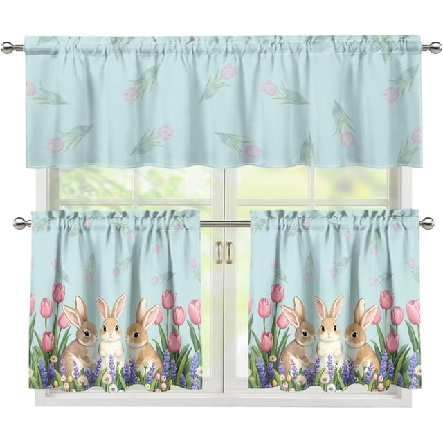 Easter Day Cute Bunny Window Treatment Tiers for Kitchen Living Room Decor Flower Rabbit Window Curtain Set of 3,Rod Pocket Kitchen Curtain Valance and Tiers Set,Size S
