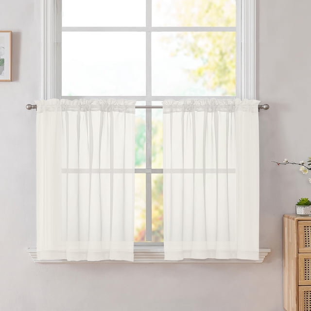 Simplebrand Ivory Tier Curtains for Kitchen 24 Inches Long 2 Panels Set, Rod Pocket Cafe Curtain Light Filtering Sheer Short Curtains for Bathroom/Basement Half Window 42 x 24 Inch, 2Pcs, Ivory