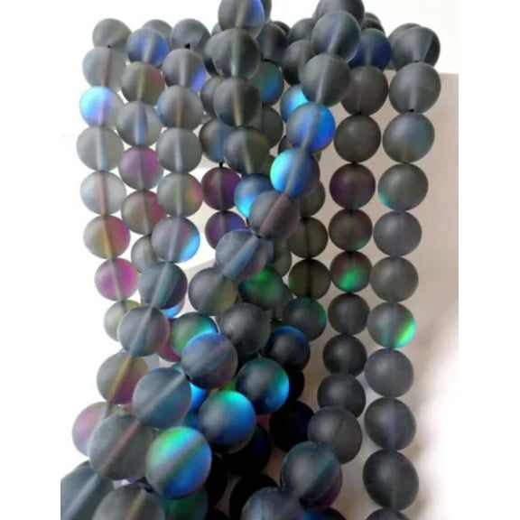 K-KED Mermaid Glass Beads 6,8,10,12mm Beads Round Beautiful Rainbow Matte Black 15.5"-10 mm
