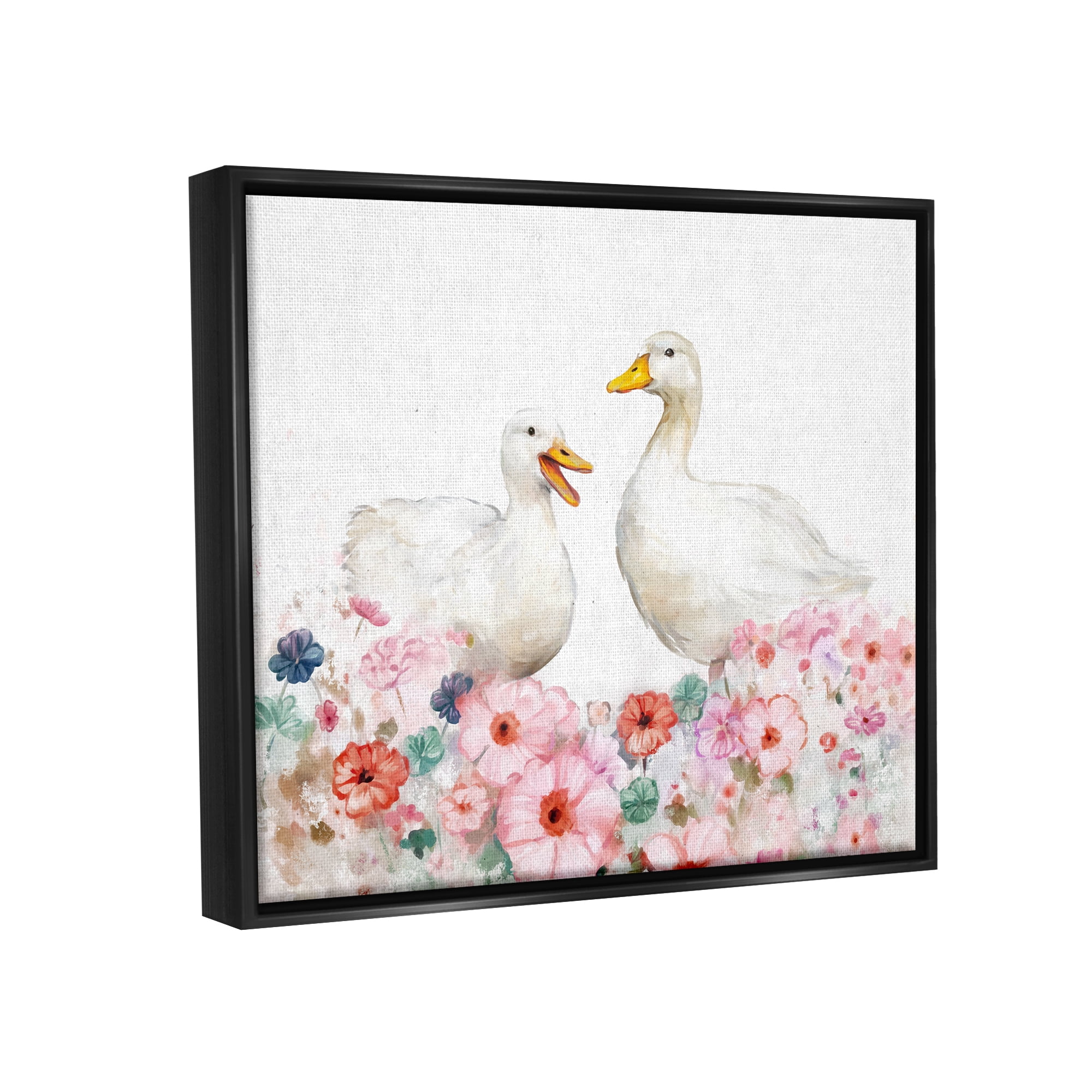 Stupell Industries Ducks & Pastel Flowers Animals & Insects Painting Black Floater Framed Canvas Art Print Wall Art, 21 x 17