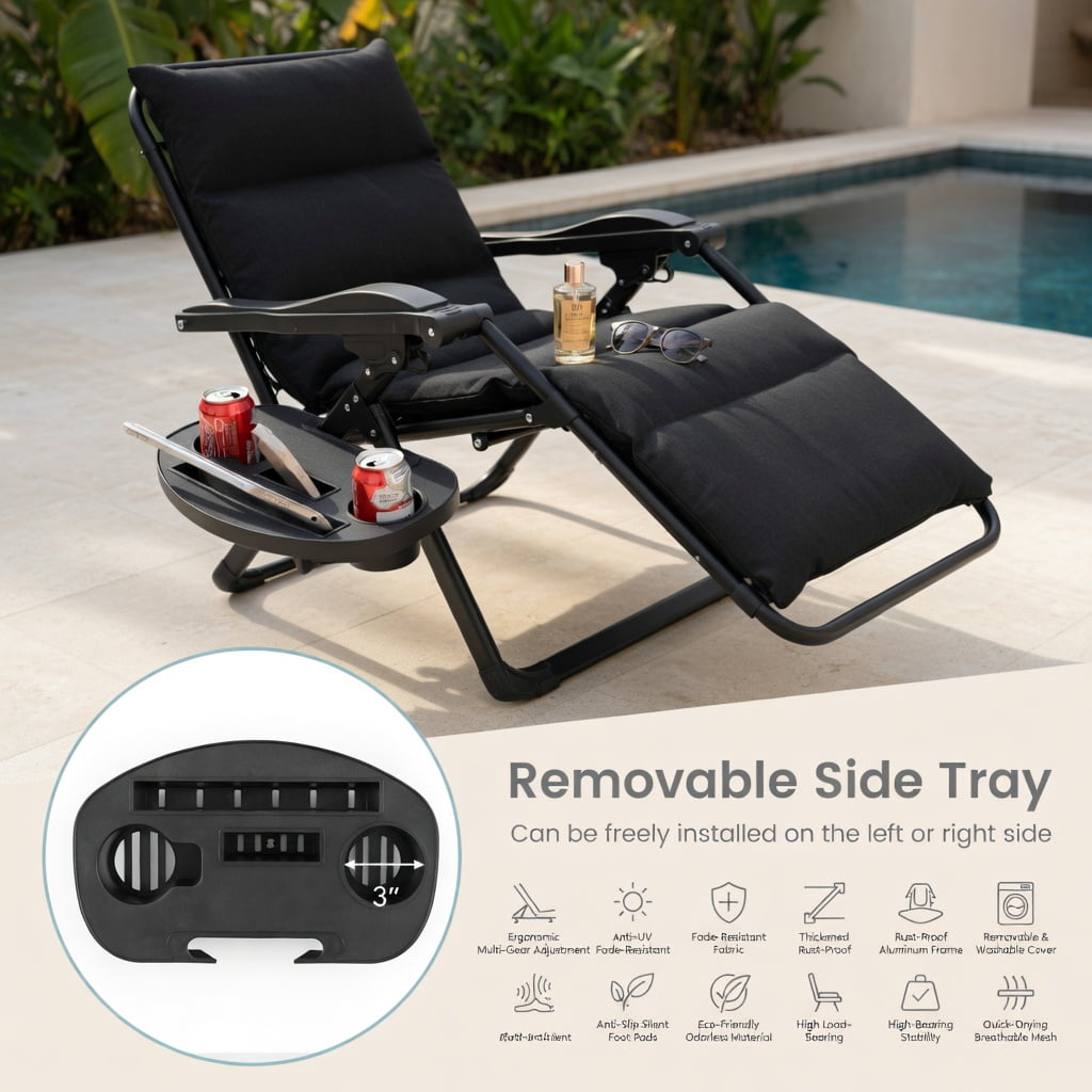 Hommoo Adjustable Zero Gravity Lounge Chair, Heavy-Duty Metal Frame, Removable Washable Cushion, Built-in Cup Holder Tray, Foldable for Indoor & Outdoor Use, Black