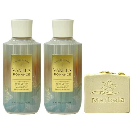 Bath & Body Works Vanilla Romance 2 Pack Body Lotion Bundle with a Wild Jasmine Bar Soap - Full Size