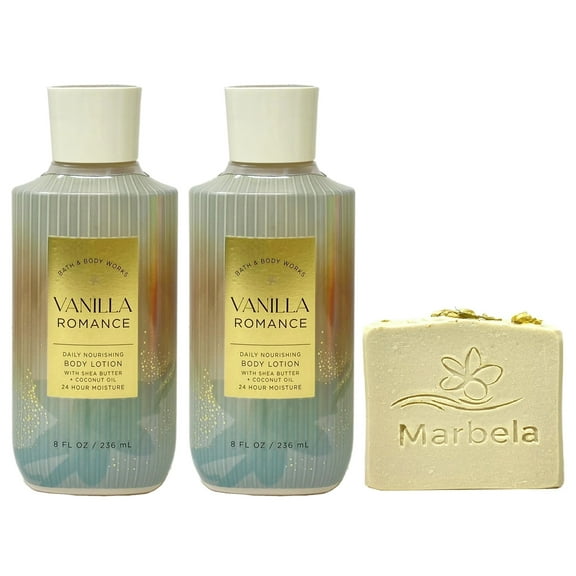 Bath & Body Works Vanilla Romance 2 Pack Body Lotion Bundle with a Wild Jasmine Bar Soap - Full Size