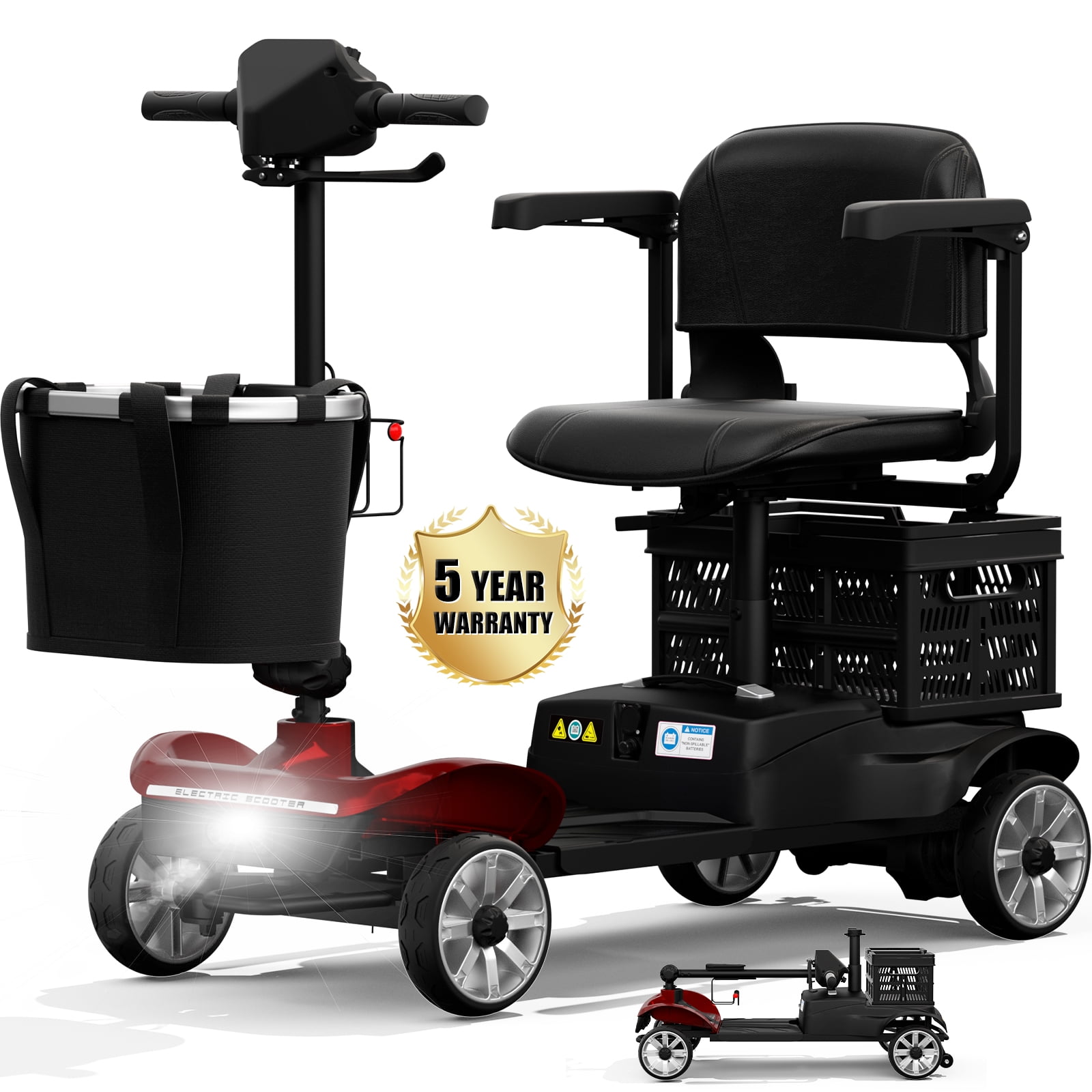 COOLHUT Upgrade 4 Wheels Mobility Scooter for Seniors with Removable Battery, 25+ Mile Range Foldable Electric Powered Mobility Wheelchair Device with Foldable Back Baskets, Fits in Car Trunk, Red