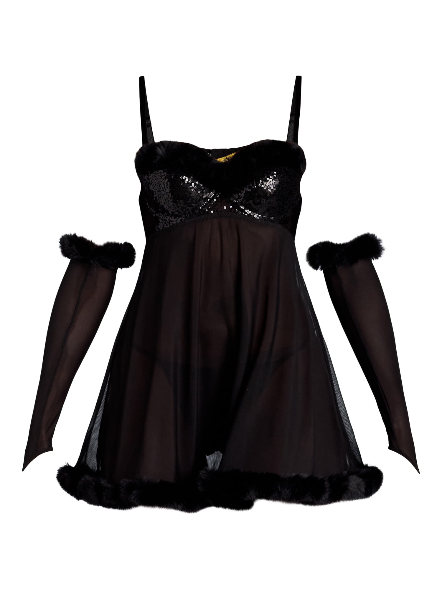 Just Sexy Lingerie Women’s Faux Fur and Sequin Babydoll Set with Gloves, 3-Piece, Sizes S-XL