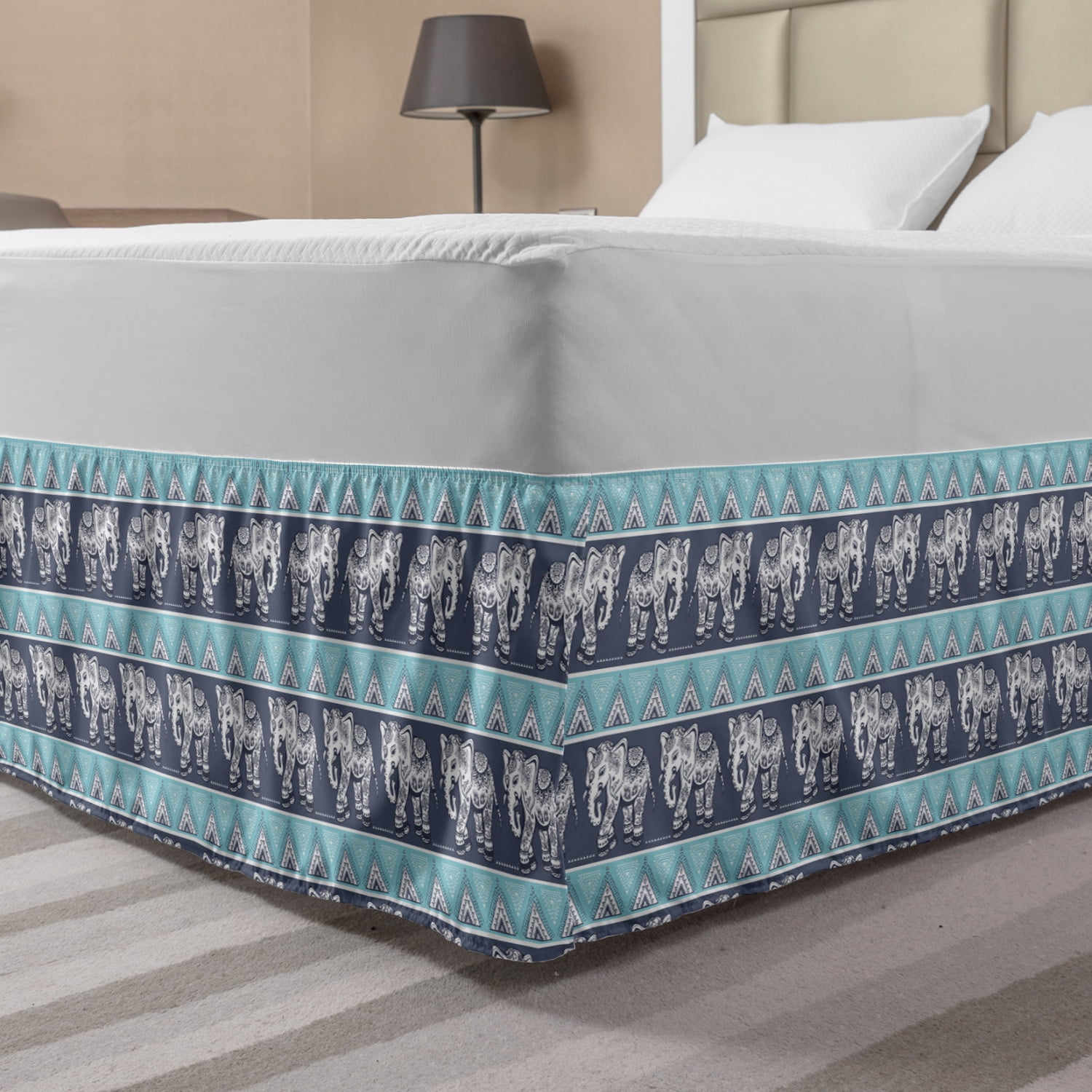 Bohemian Bed Skirt, Far Eastern Elephants Pattern Culture Animal