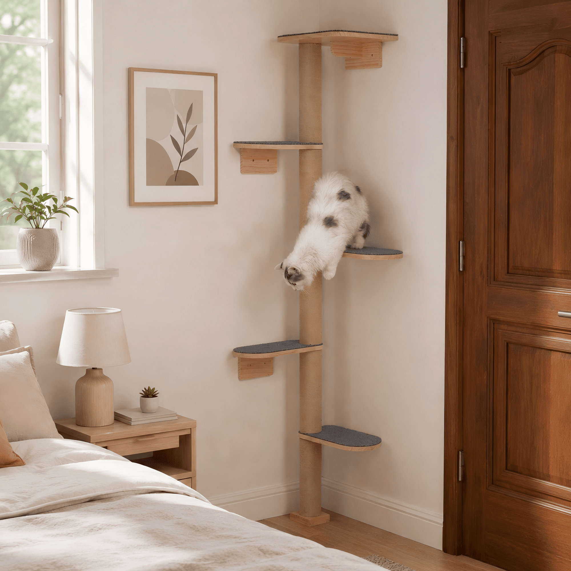 Peluomoz Gray Adjustable Floor to Ceiling Cat Tree with 5 Felt Platforms, Natural Pine Wood, 83 in