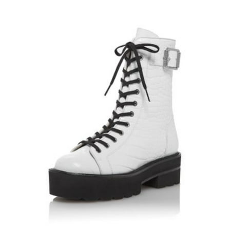 

STUART WEITZMAN Womens White Crocodile Lace-Up 1-1/2 Platform Buckle Accent Treaded Ryder Round Toe Block Heel Zip-Up Leather Boots 6.5 B
