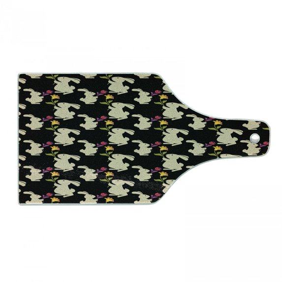 Bunny Cutting Board, Eastern Concept Pattern with Beige Silhouette Rabbits Holding Flowers, Decorative Tempered Glass Cutting and Serving Board, in 3 Sizes, by Ambesonne