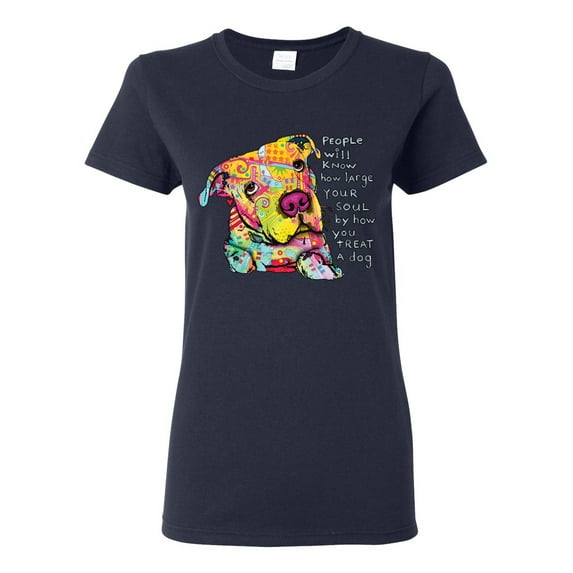 Colorful Pitbul | People Will Know How Large Your Soul | Dean Russo Art Animal Lover Womens T-Shirt, Navy, Large