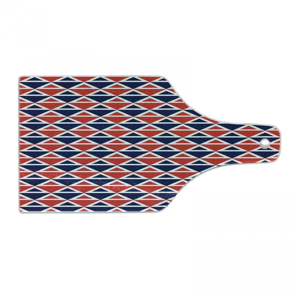 Americana Cutting Board, USA Flag Inspired Abstract Pattern Squares and Triangles Art, Decorative Tempered Glass Cutting and Serving Board, Wine Bottle Shape, Red Dark Blue and White, by Ambesonne
