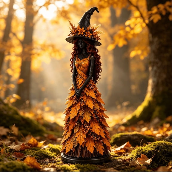 12inch Enchanted Autumn Witch Figurine, Resin Fall Witch Figurine with Floral Witch Hat & Leaf Gown for Indoor Autumn and Halloween Tabletop Hobby Display