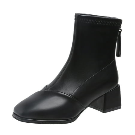 

SEMIMAY Fashion Women Artificial Leather Solid Color Autumn Thick Sole Square Heels Zipper Mid Booties Square Toe Shoes Black
