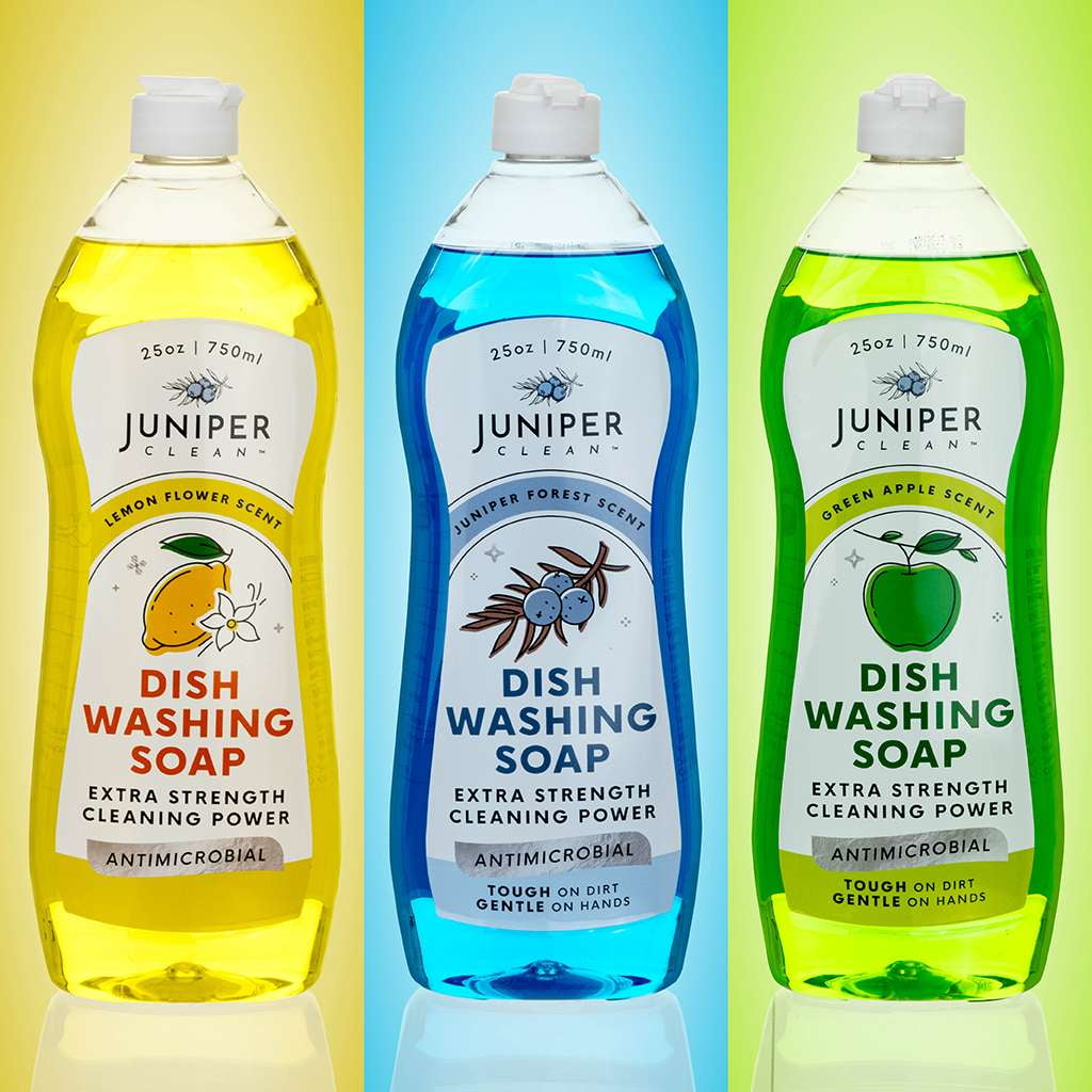 (6 Pack) Juniper Clean Liquid Dish Soap, 2 Green Apple, 2 Juniper, 2 Lemon Scent, 25 fl oz Bottle
