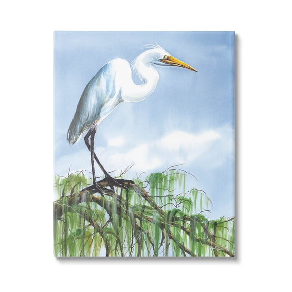 Egret Bird Balancing Branch Animals & Insects Painting Gallery Wrapped Canvas Print Wall Art