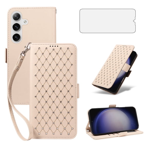 Asuwish Phone Case for Samsung Galaxy S24/S25 Plus Wallet Case, Shiny Leather Wallet Cover with Wriststrap with 18 Card Holder Slots Kickstand Shockproof Case for Samsung Galaxy S24/S25 Plus-Beige