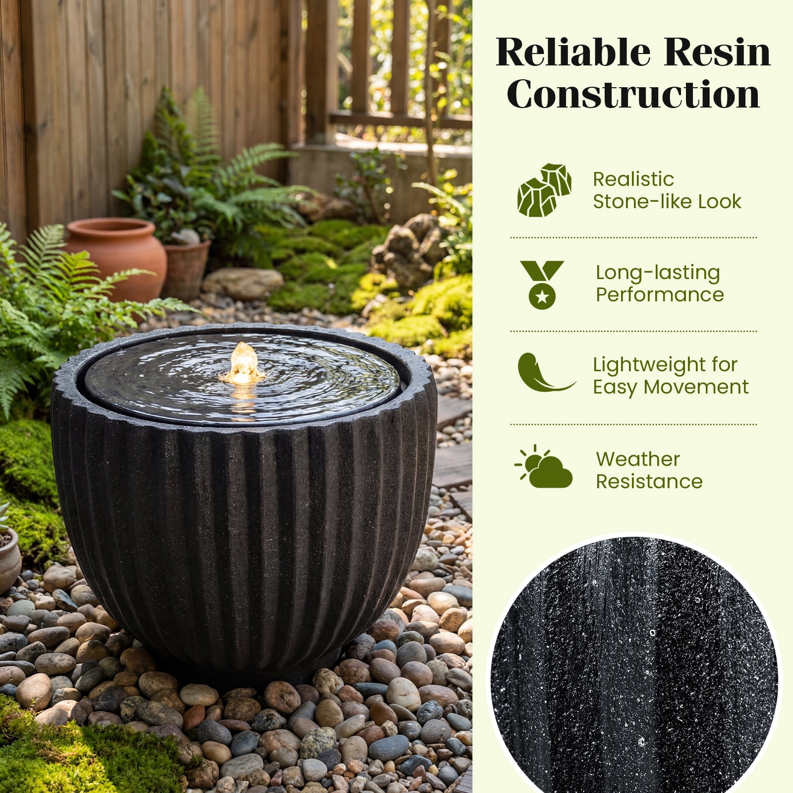 Costway 17.5” Outdoor Round Sphere Water Fountain with LED Lights & Pump for Garden Patio