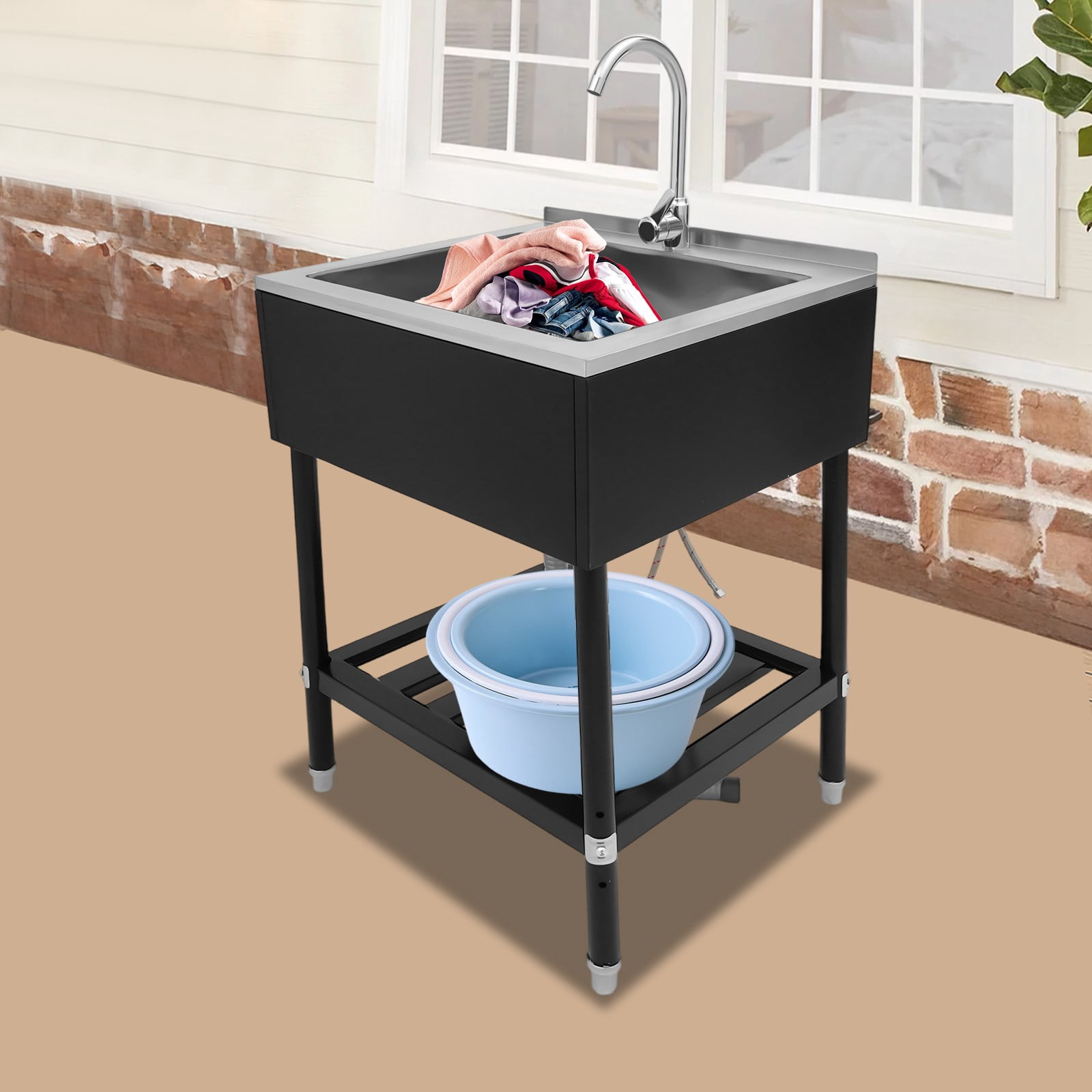 DENEST Freestanding Stainless Steel Utility Sink with Pull-Out Faucet for Kitchen