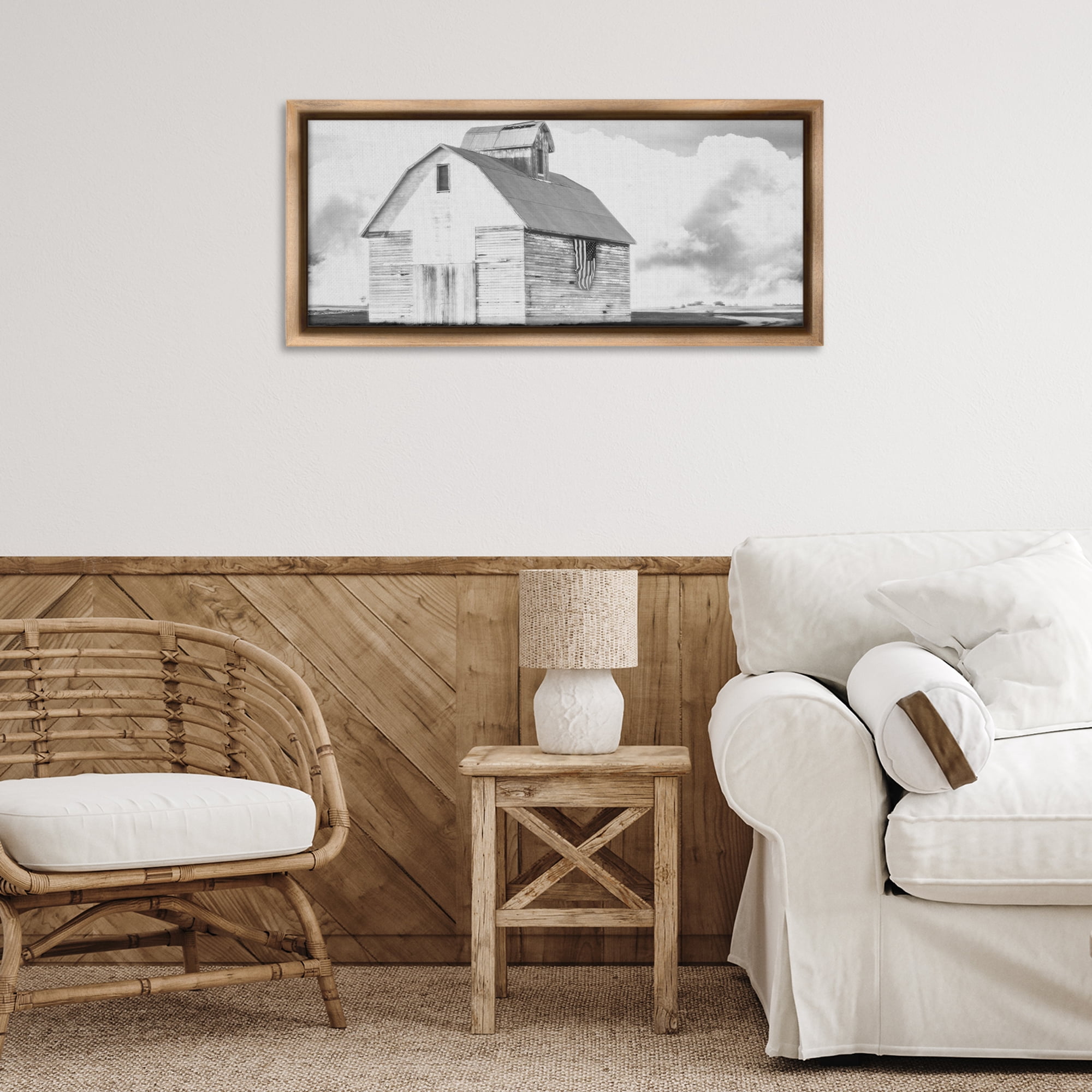 Stupell Industries USA Flag on Barn Patriotic Painting Brown Floater Framed Canvas Art Print Wall Art, 31 x 14
