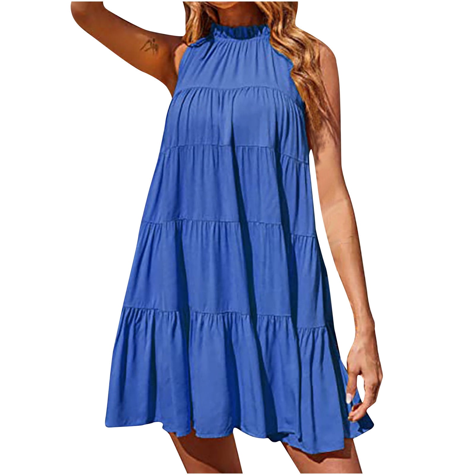 Babydoll Dress for Women Crew Neck Ruffle Tiered Mini Dress Sleeveless