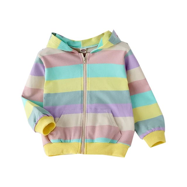 Aocisk Chandail à Capuchon pour Filles, Mode, Arc-en-Ciel à Rayures, Mi-Long, Col Rond, Manches Longues, Haut Jaune, 4-5 Ans