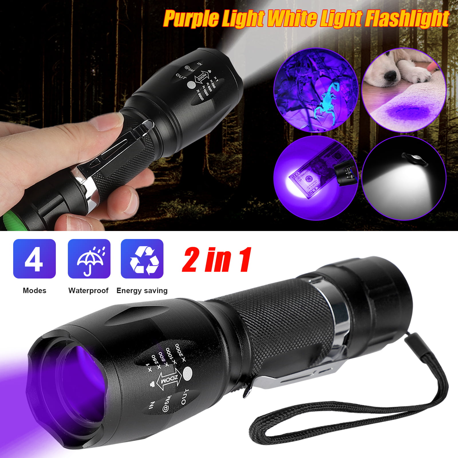 2in1 Blacklight LED Flashlight Handheld 51 UV Light Pet Urine Bed Bug Detector 