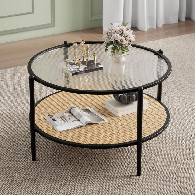 IdeaHouse 30" Rattan Coffee Table, 2-Tier Round End Table with Storage, Round Water-Wave Glass Metal Center Tables, Modern Circular Coffee Tables for Small Space, Living Room, Office (Black)