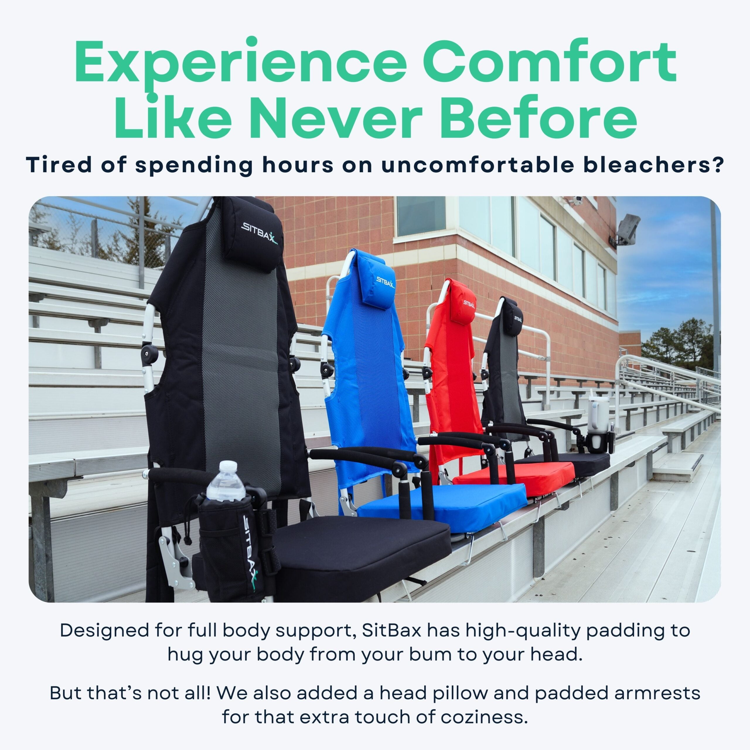 Padded Bleacher Seat-Reclining Stadium Chair with Back & Neck Support & Swivel- Patent Pending-Black