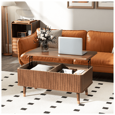 Mid Century Modern Coffee Table with Storage Fluted Lift Top Center Table for Living Room, Walnut